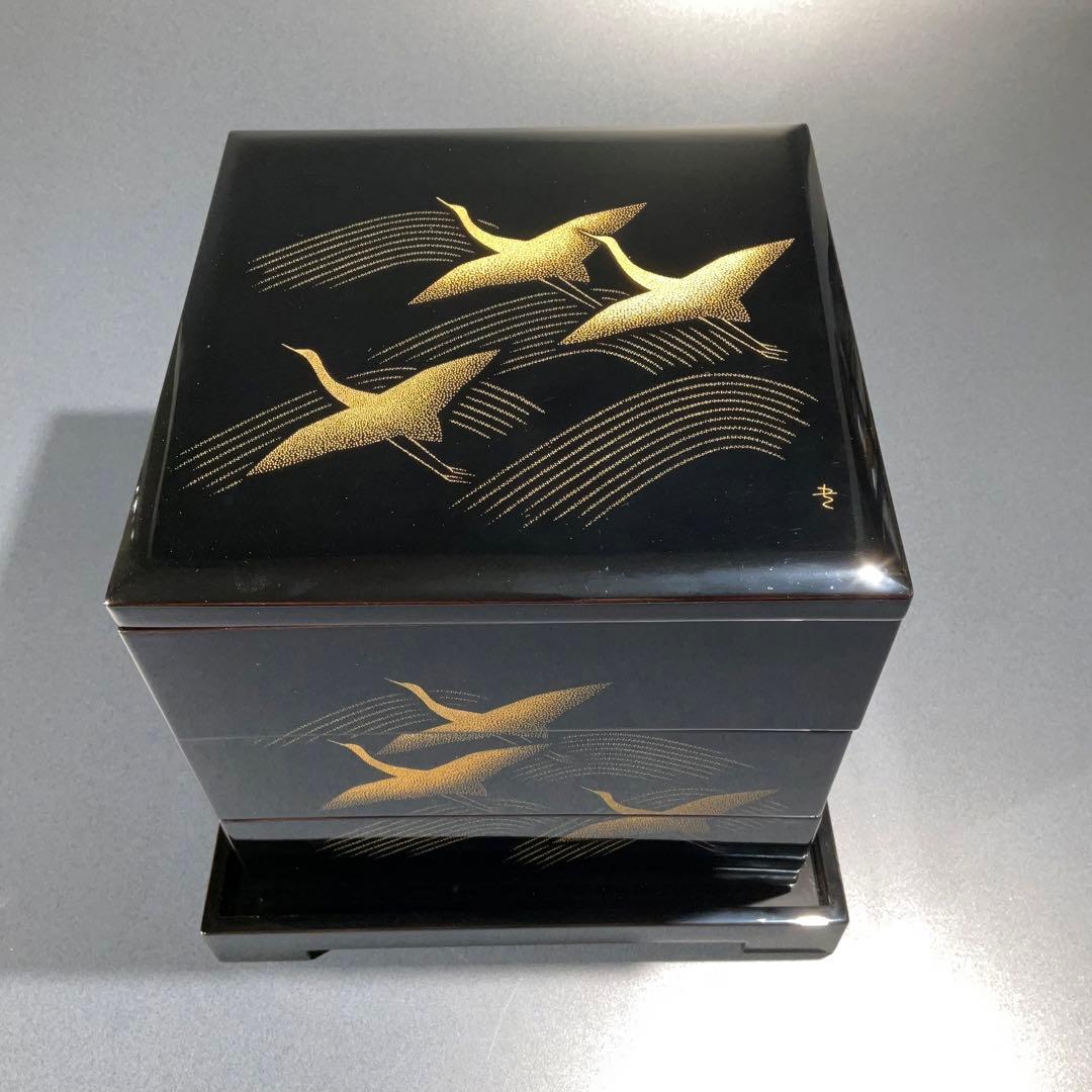 沈金蒔絵　千羽鶴　三段重　黒漆　共箱　三谷吾一　輪島　R0845て