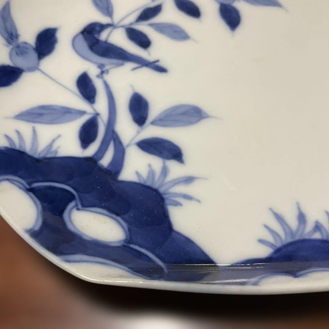 染付、鳥と植物の陶磁器丸皿,戦前、嘉祥製