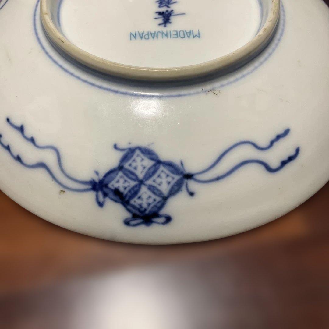 染付、鳥と植物の陶磁器丸皿,戦前、嘉祥製