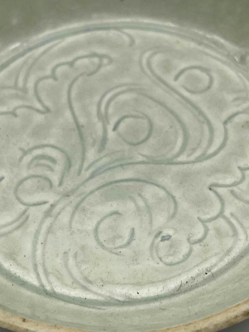 北宋時代 湖田窯 青磁刻花鳳尾花文房洗 覆燒 覆輪口 影青 古皿唐物(F-90)