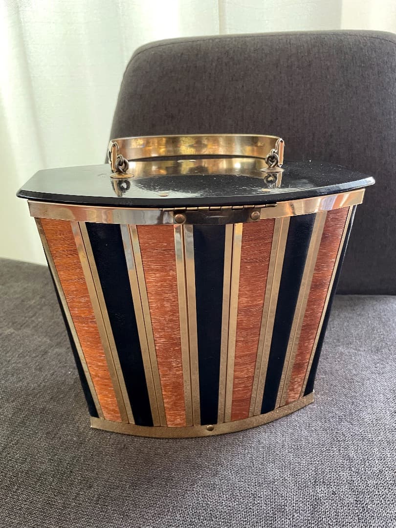 レア ヴィンテージ ストライプデザイン 木製 & レザー バスケット 1950s