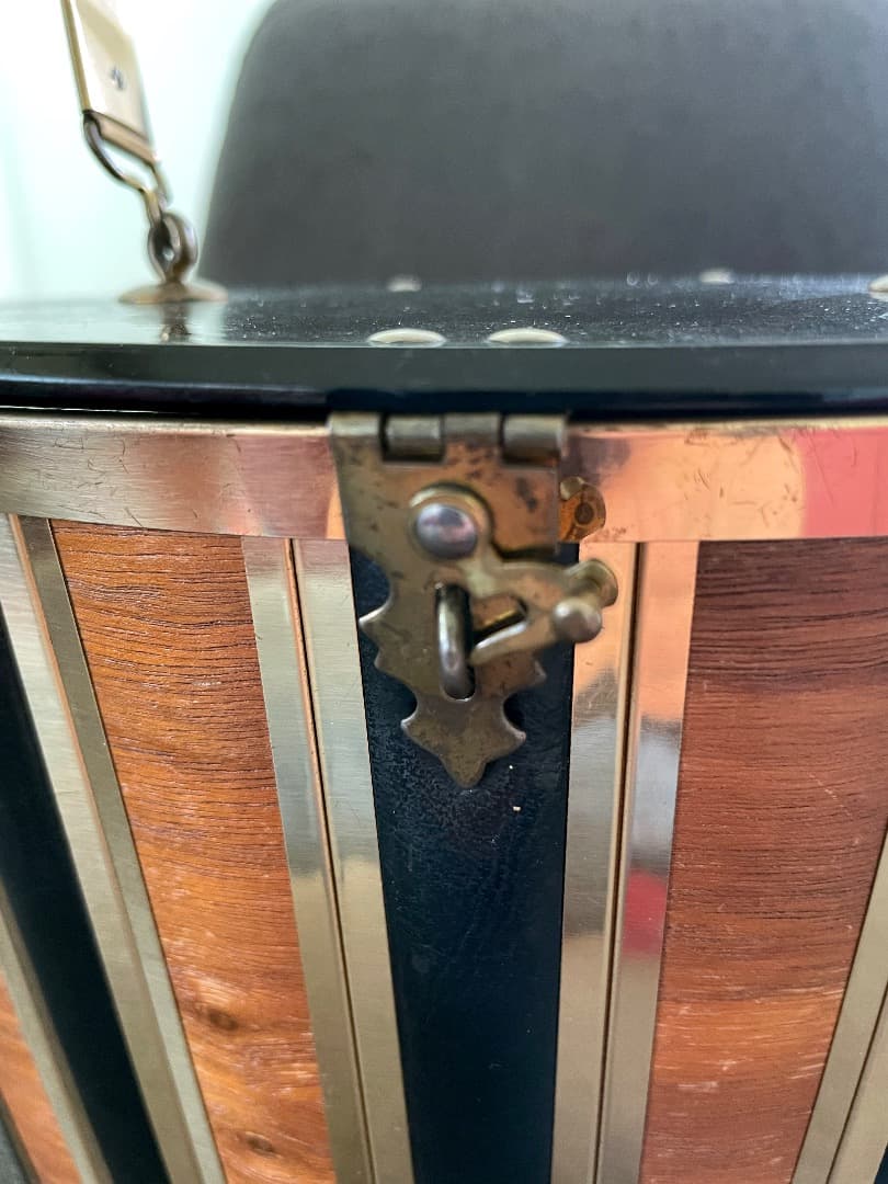 レア ヴィンテージ ストライプデザイン 木製 & レザー バスケット 1950s