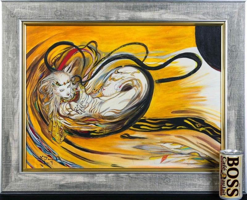 天野喜孝　油彩　肉筆『飛天風神』表サイン　裏サイン　P8号　額装　b767