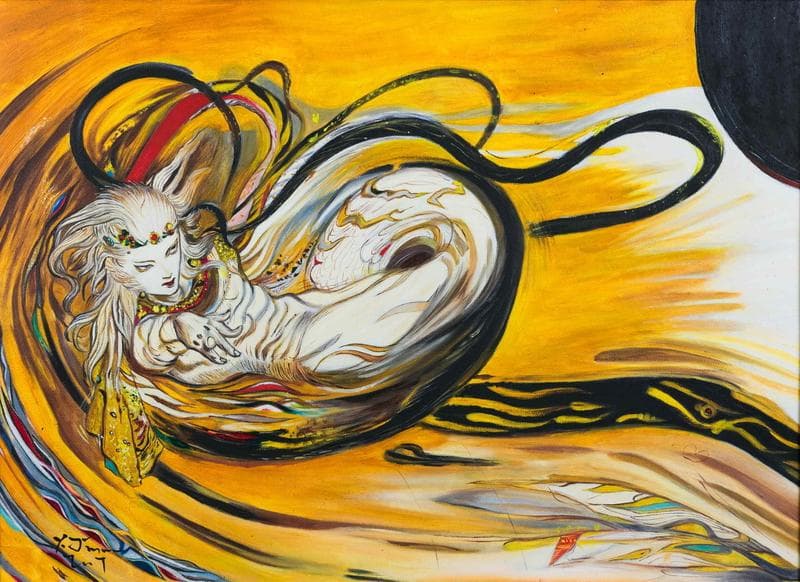 天野喜孝　油彩　肉筆『飛天風神』表サイン　裏サイン　P8号　額装　b767