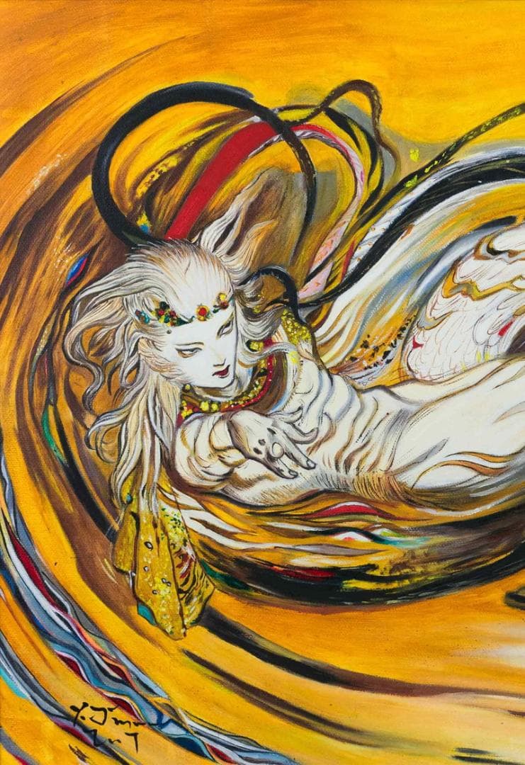 天野喜孝　油彩　肉筆『飛天風神』表サイン　裏サイン　P8号　額装　b767