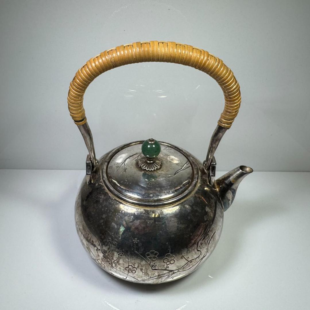 純銀製 銀祥堂造 梅彫 貴石摘 湯沸 古美術品 銀瓶 純銀保証