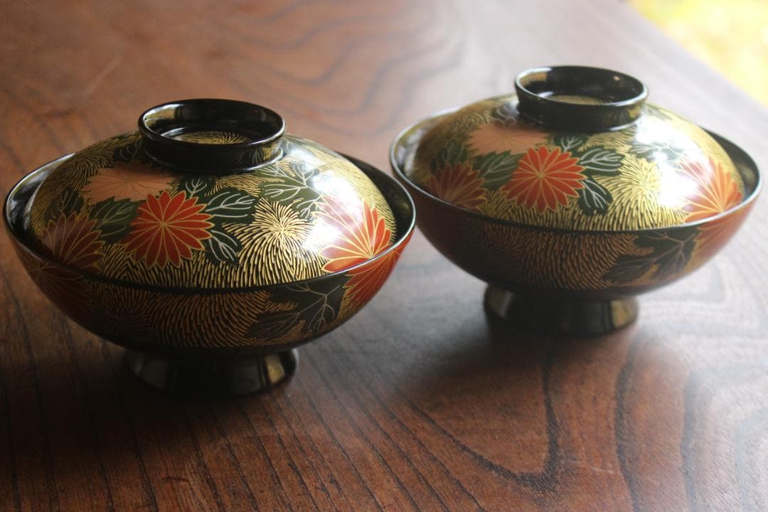 専用！上質黒漆に極上菊詰沈金蒔絵のお椀3点（検輪島塗蒔絵椀雑煮椀