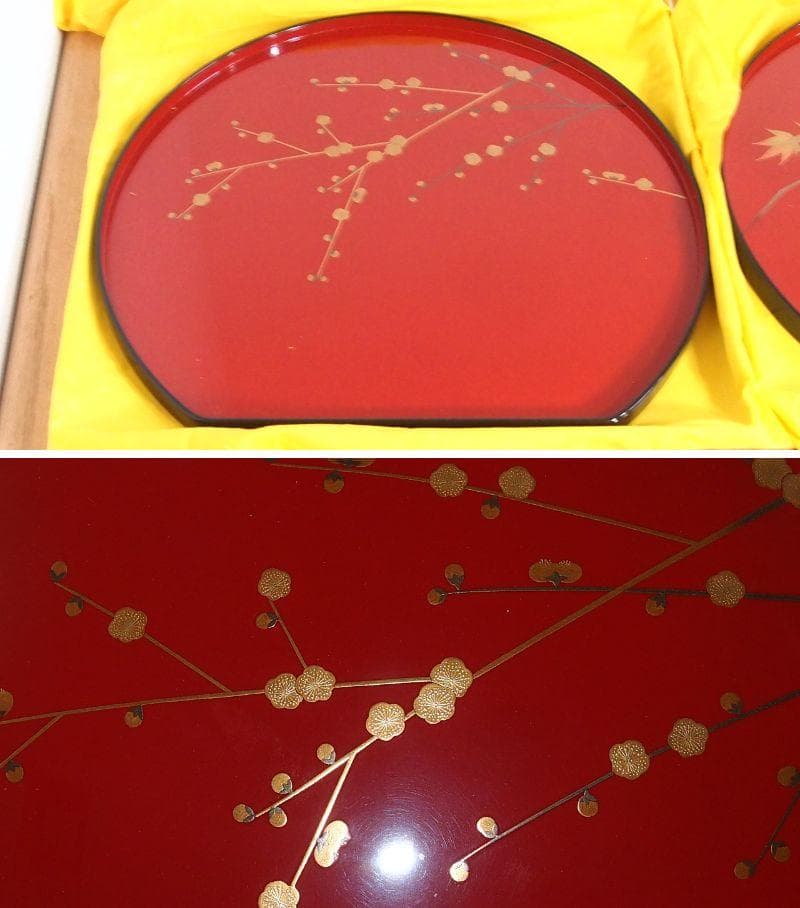 【ほぼ未使用】輪島塗 五作家合作 絵変わり蒔絵 朱塗 卓上膳5客 半月膳/会席膳