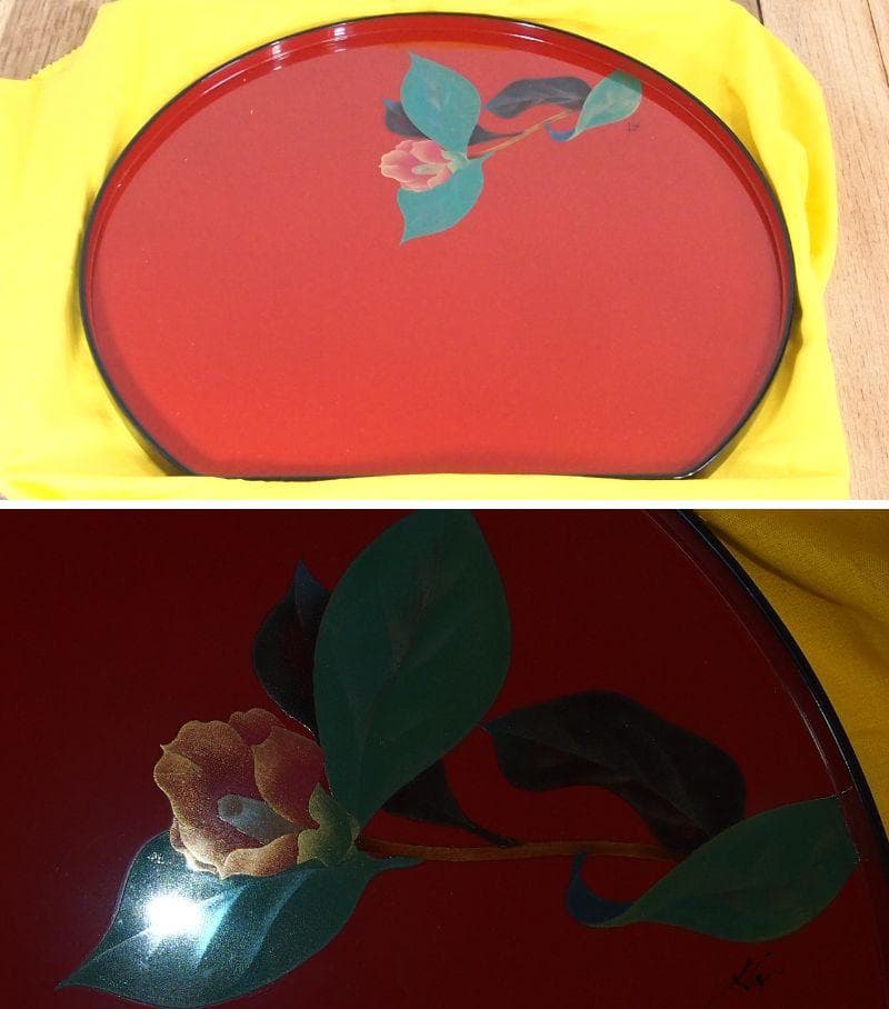 【ほぼ未使用】輪島塗 五作家合作 絵変わり蒔絵 朱塗 卓上膳5客 半月膳/会席膳