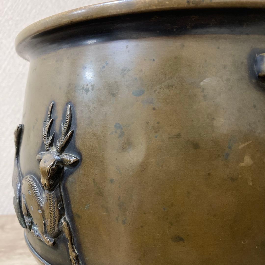 時代銅火鉢　壱対　宣徳火鉢　江戸文政　手炙り　アンティーク　珍品　高肉彫