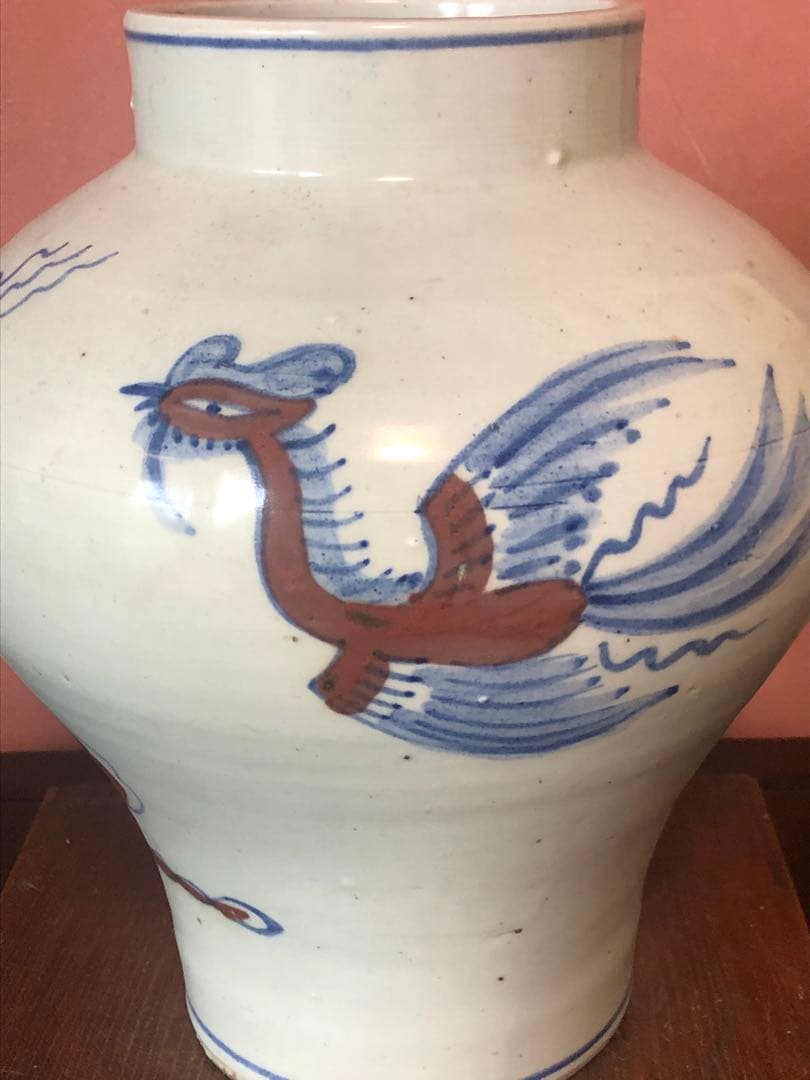 類品の少ない李朝辰砂染付鳳凰文大壷