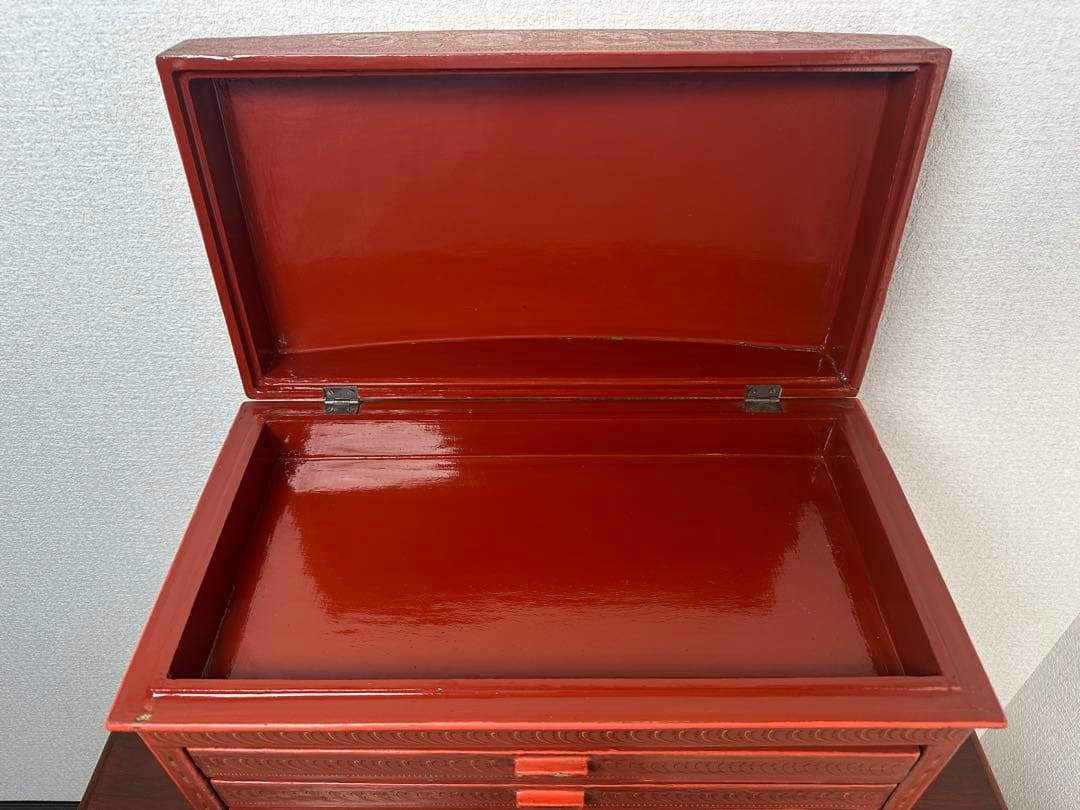 ミャンマー アンティーク 漆器 蒟醤 細密画 収納箱 引き出し 5段 ※31※