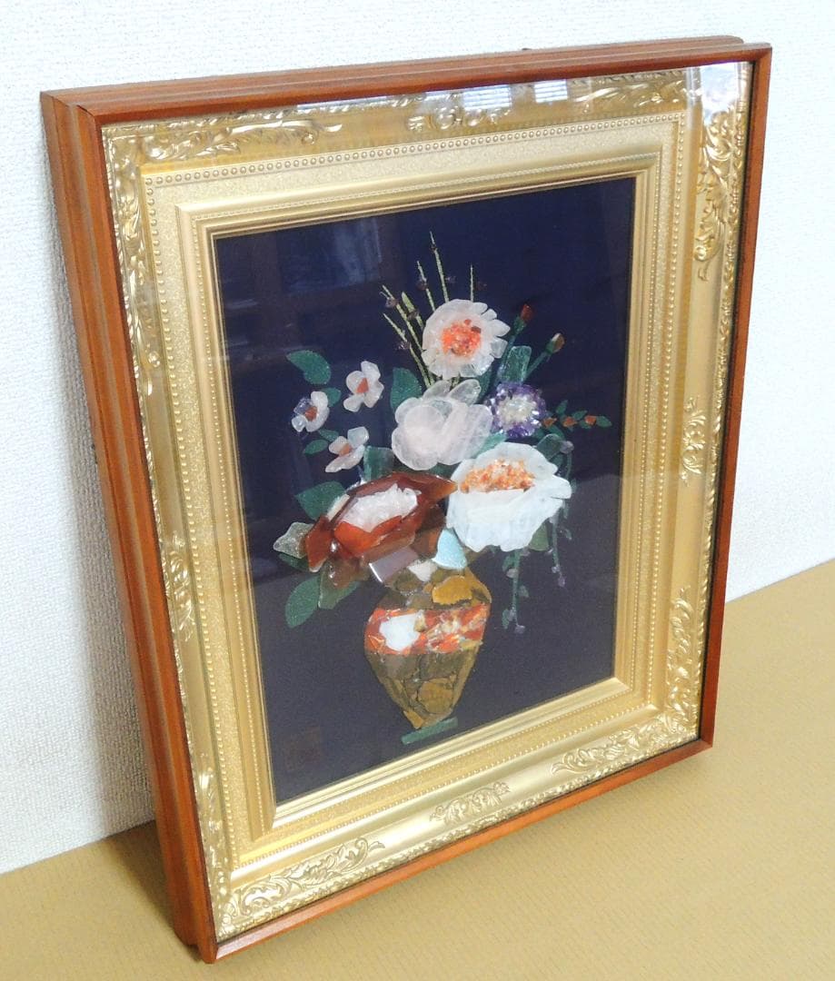 【宝石画・貴石画】花瓶の花【東商・刻印付き】