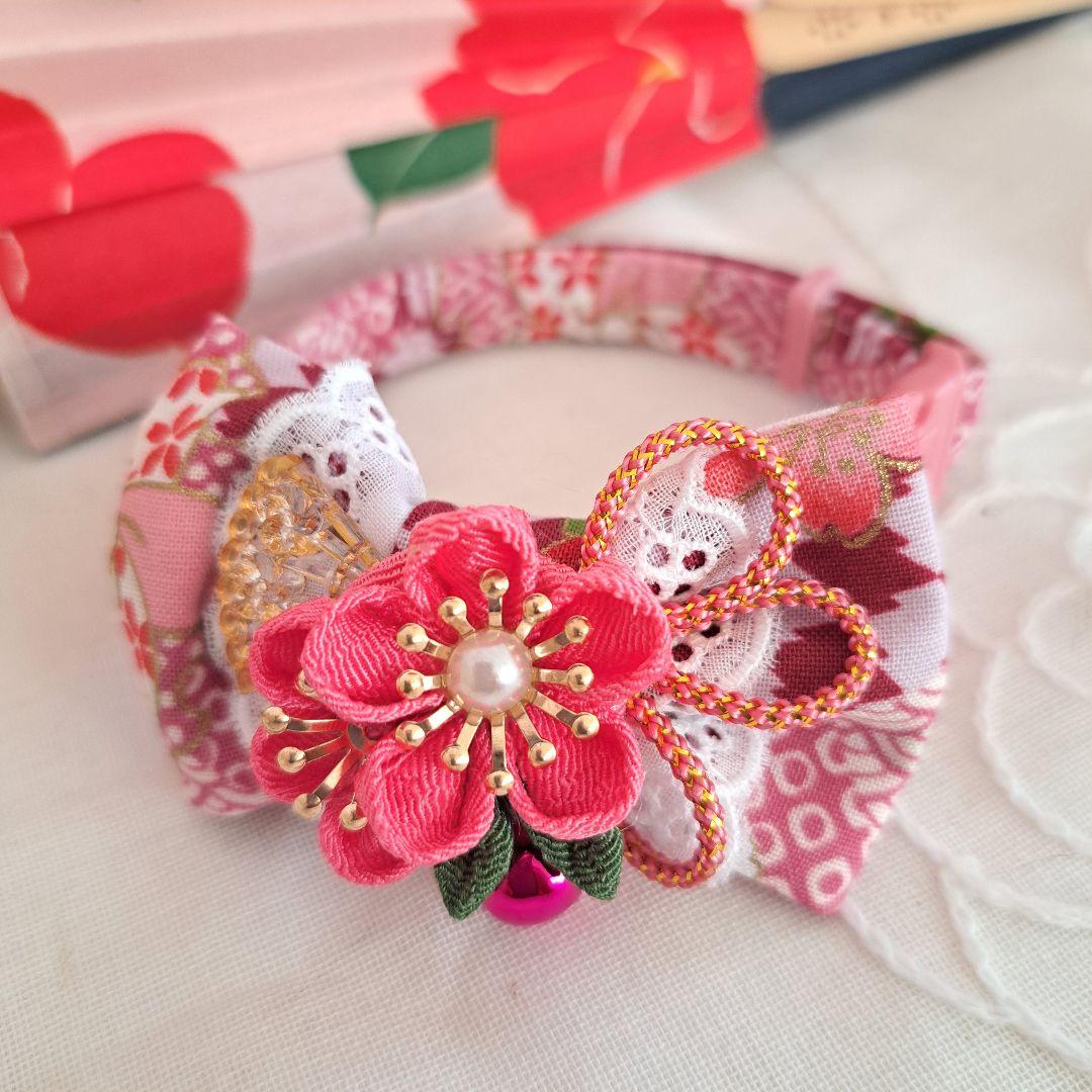 つまみ細工シングルリボン(えんじ)わんちゃん猫ちゃん用首輪