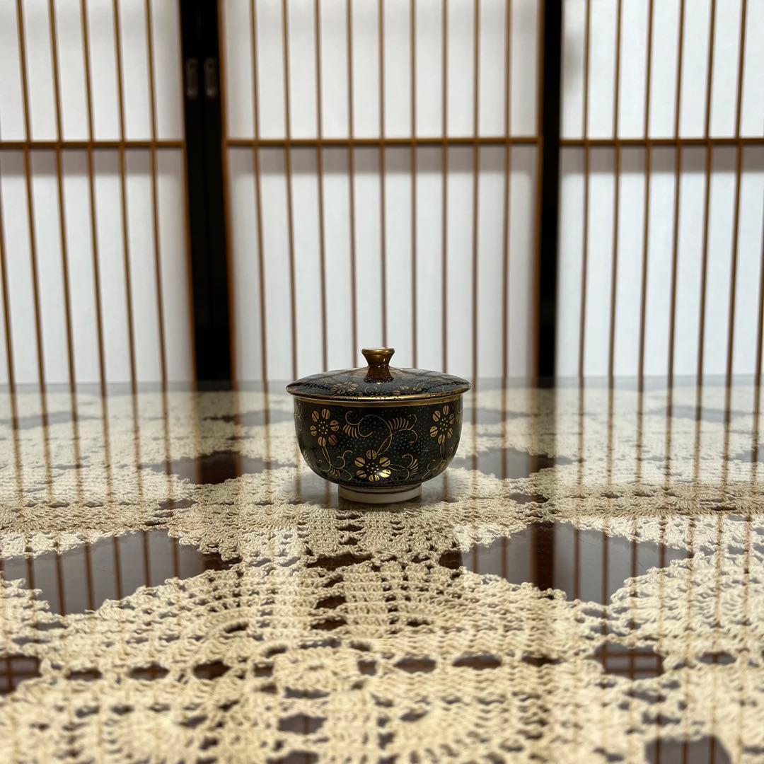 新品未使用 九谷焼 勝月 蓋付汲出碗揃 青粒金彩花唐草乃図 共箱