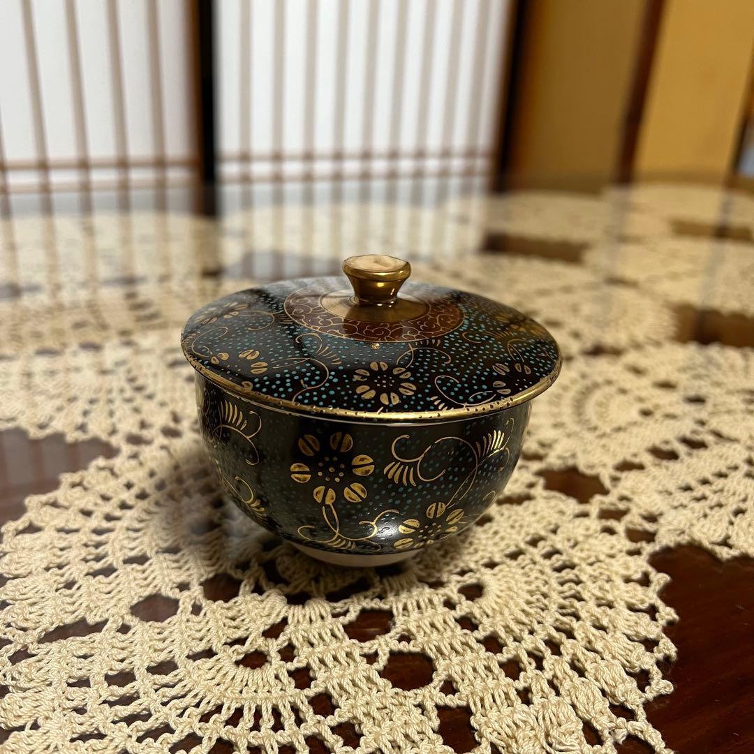 新品未使用 九谷焼 勝月 蓋付汲出碗揃 青粒金彩花唐草乃図 共箱