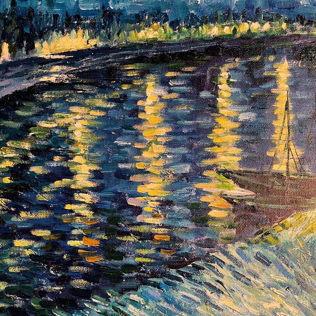 ★秀作★ 手書き油絵 ゴッホ ローヌ川の星月夜 肉筆絵画 額付き 油彩画