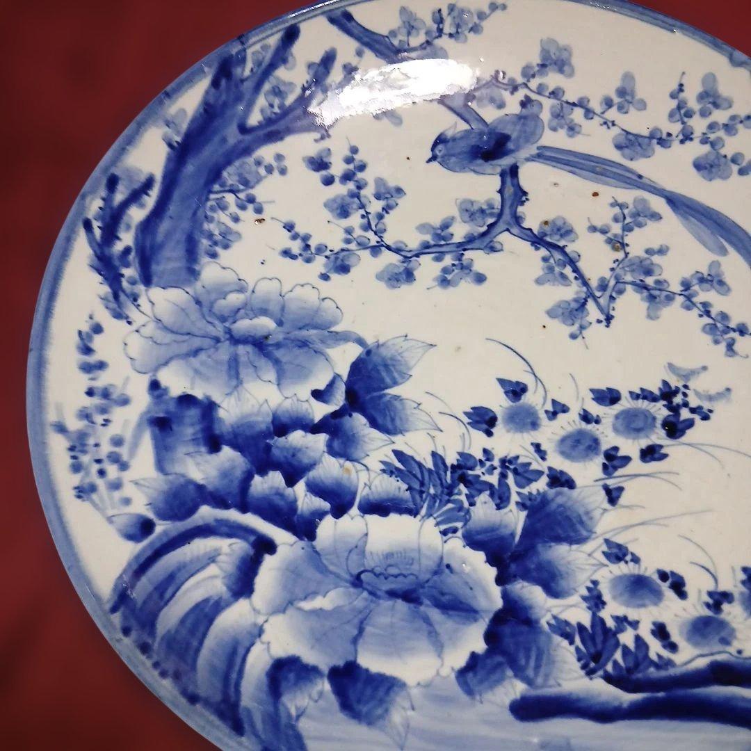 レトロヴィンテージ大皿、サイズ46センチ青い花と鳥の陶器プレート