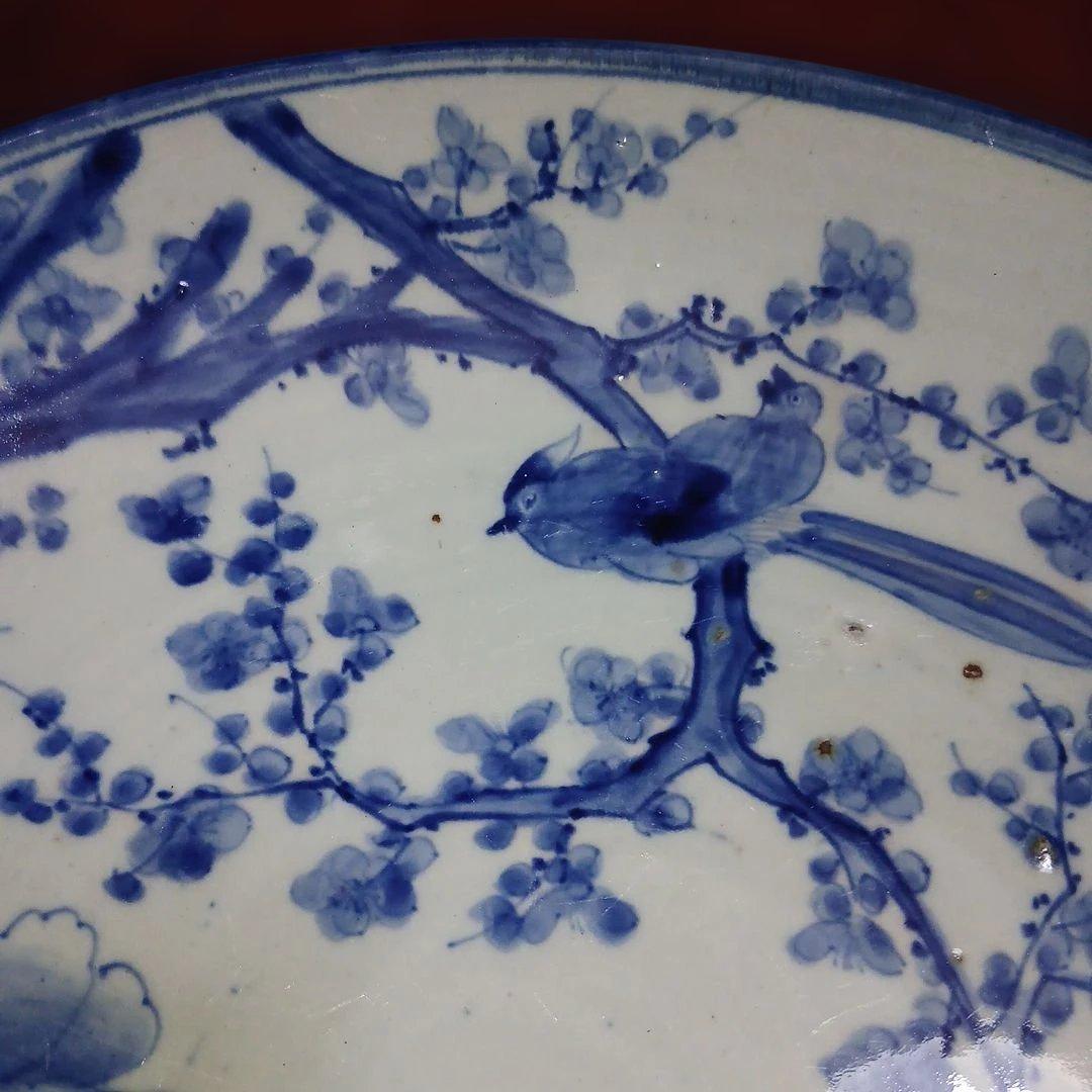レトロヴィンテージ大皿、サイズ46センチ青い花と鳥の陶器プレート