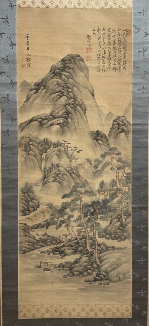 釧雲泉浅絳山水　亀田鵬斎題詩　絹本肉筆　鑑定入　箱付　掛軸　送料込み250824