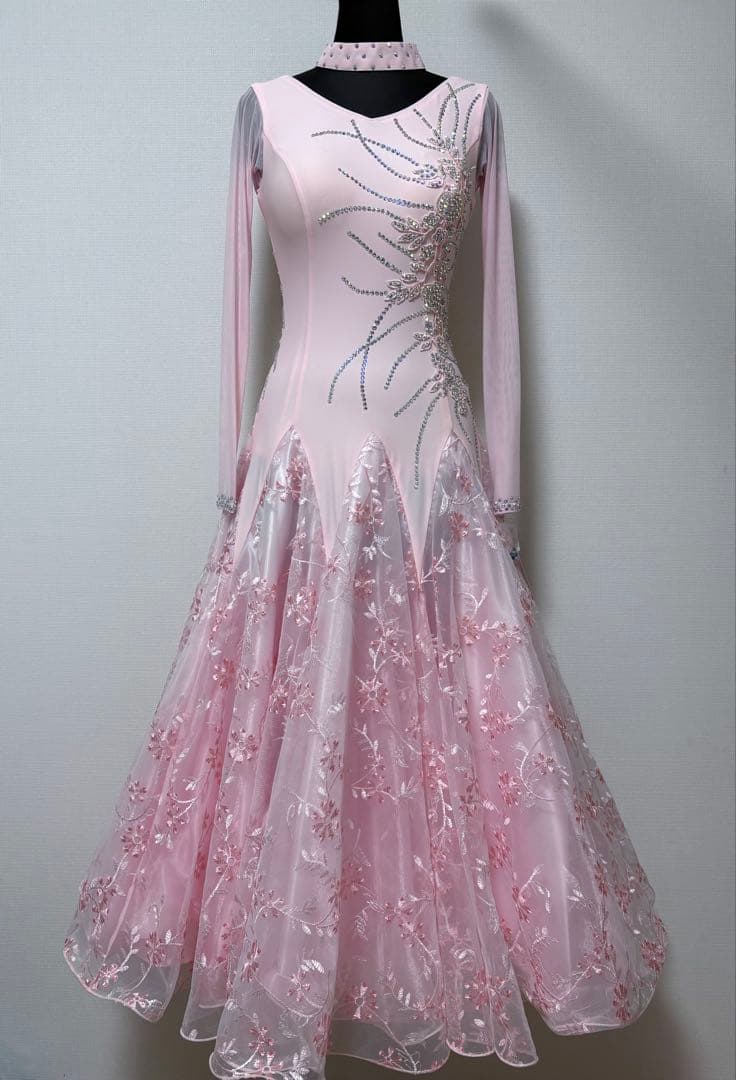 社交ダンスワンピース　パーティワンピース　ソシアルダンス　コーラルピンク