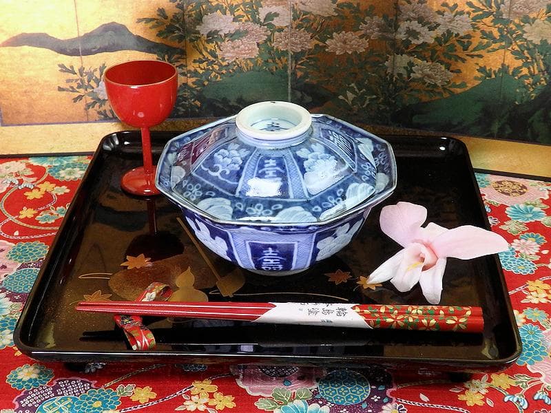 古伊万里　染付　牡丹に福寿の図　八角大振蓋茶碗　N096AS-DBx