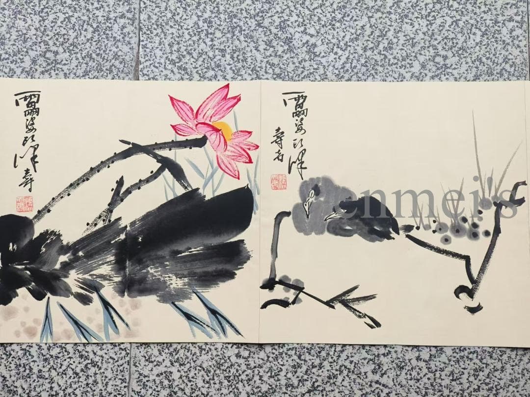 中国古美術 近代 潘天寿作款 花鳥図 水墨画 手描き 冊頁7開14頁 宣紙 書画