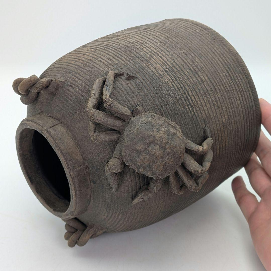 焼き締め陶 蟹彫魚籃型水指 抹茶道具 茶器 水差 容器 ビク 藤籠 竹籠 魚籠