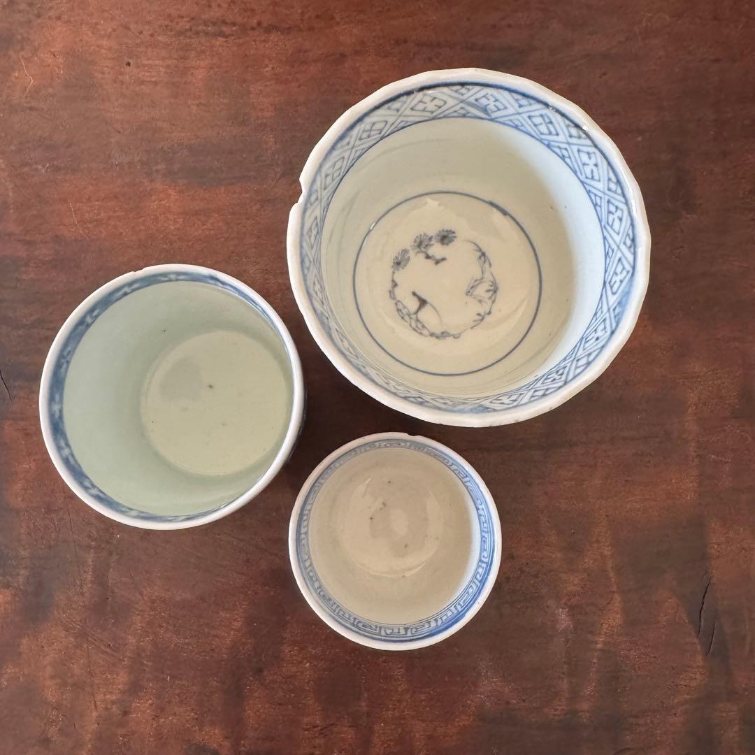 【蔵出し】古伊万里　染付　蛸　唐草　覗き　小猪口　江戸　向付　猪口　渦福　角福