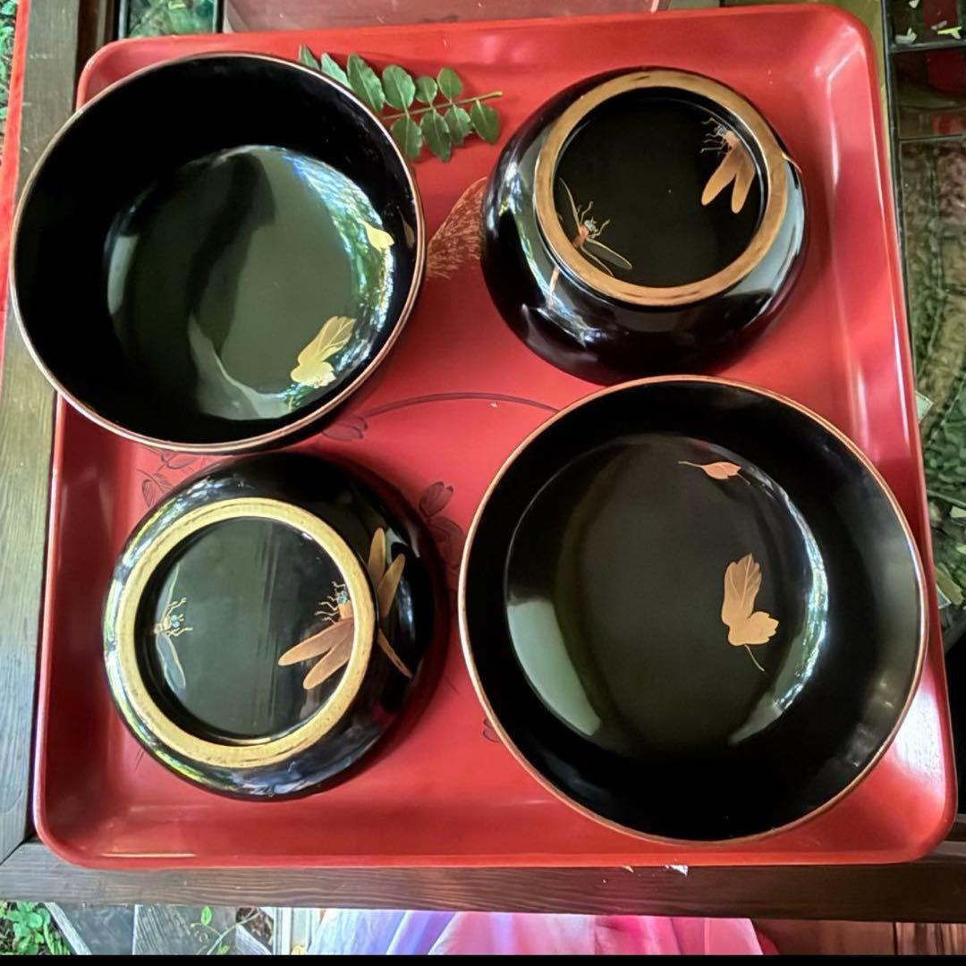 Ｂ様へ感謝お嫁入り‼️レアなかげろふJAPAN螺鈿蒔絵『蜻蛉＆菊＆木蓮上黒持椀4客