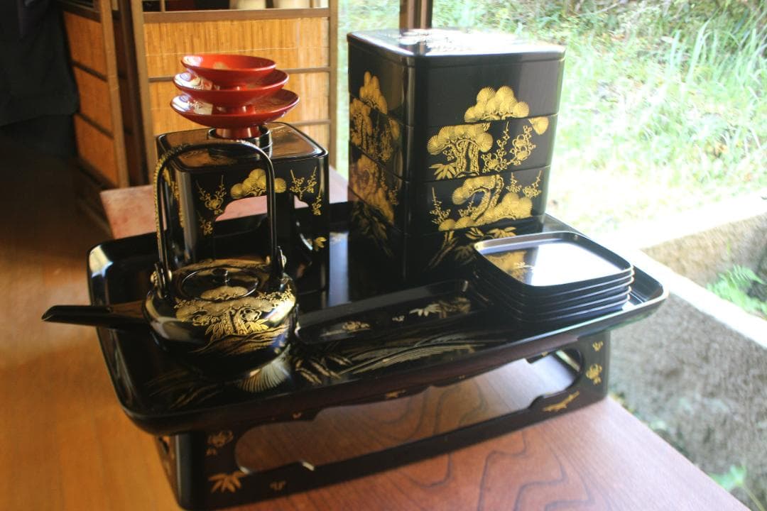 デッドストック！！極上松竹梅鶴亀沈金の映える輪島塗屠蘇器重箱揃い（検重箱お重