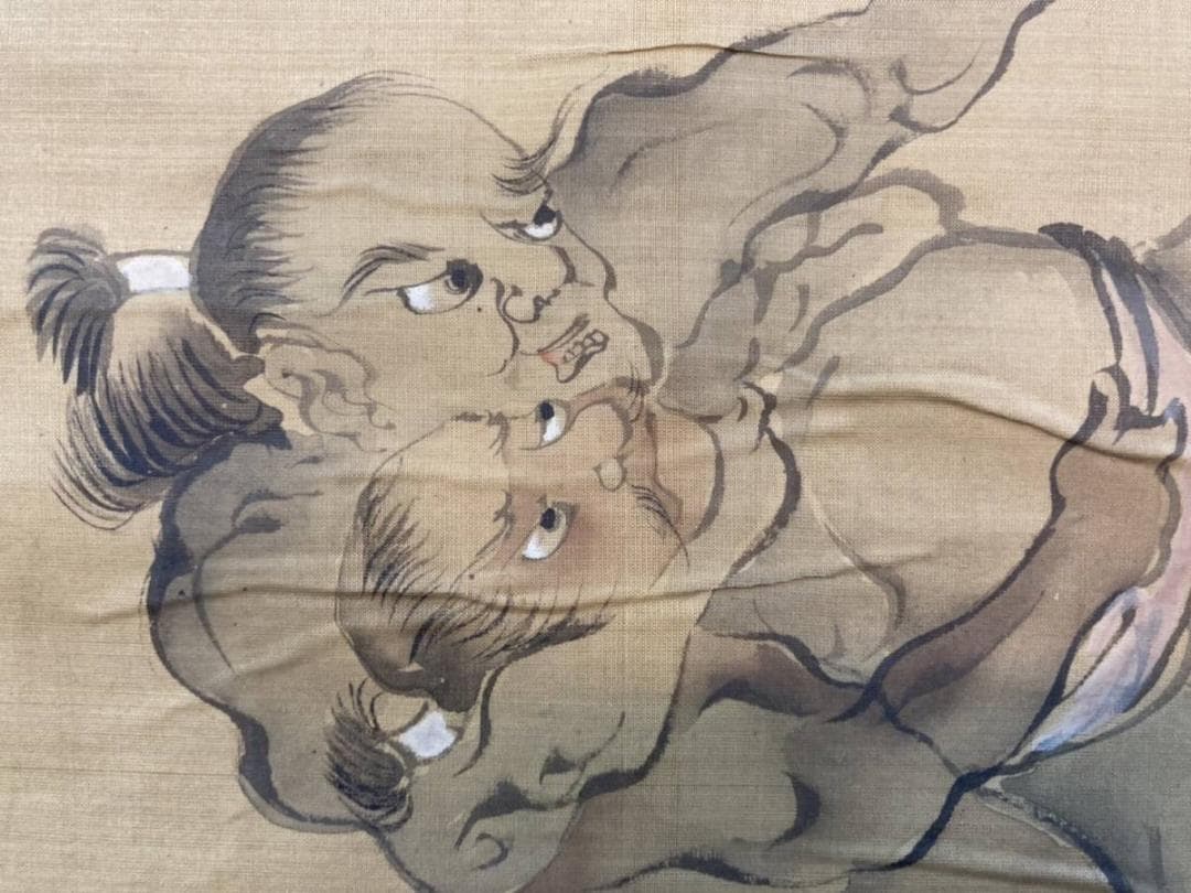 相撲／河鍋暁斎 (歌川国芳・狩野洞白師事) 掛軸 絹本：幕末 浮世絵師