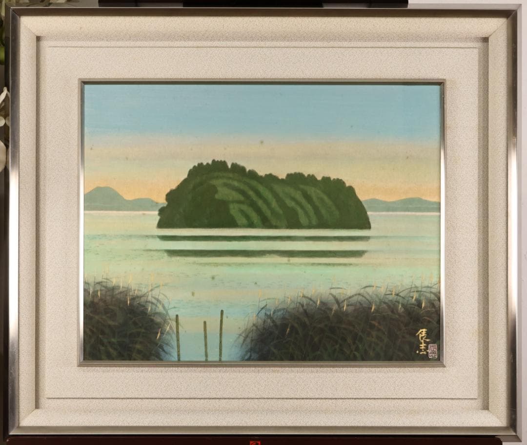 【真作】　樋口辰志 「 朝爽（竹生島） 」　6号　日本画　共シール　BK096