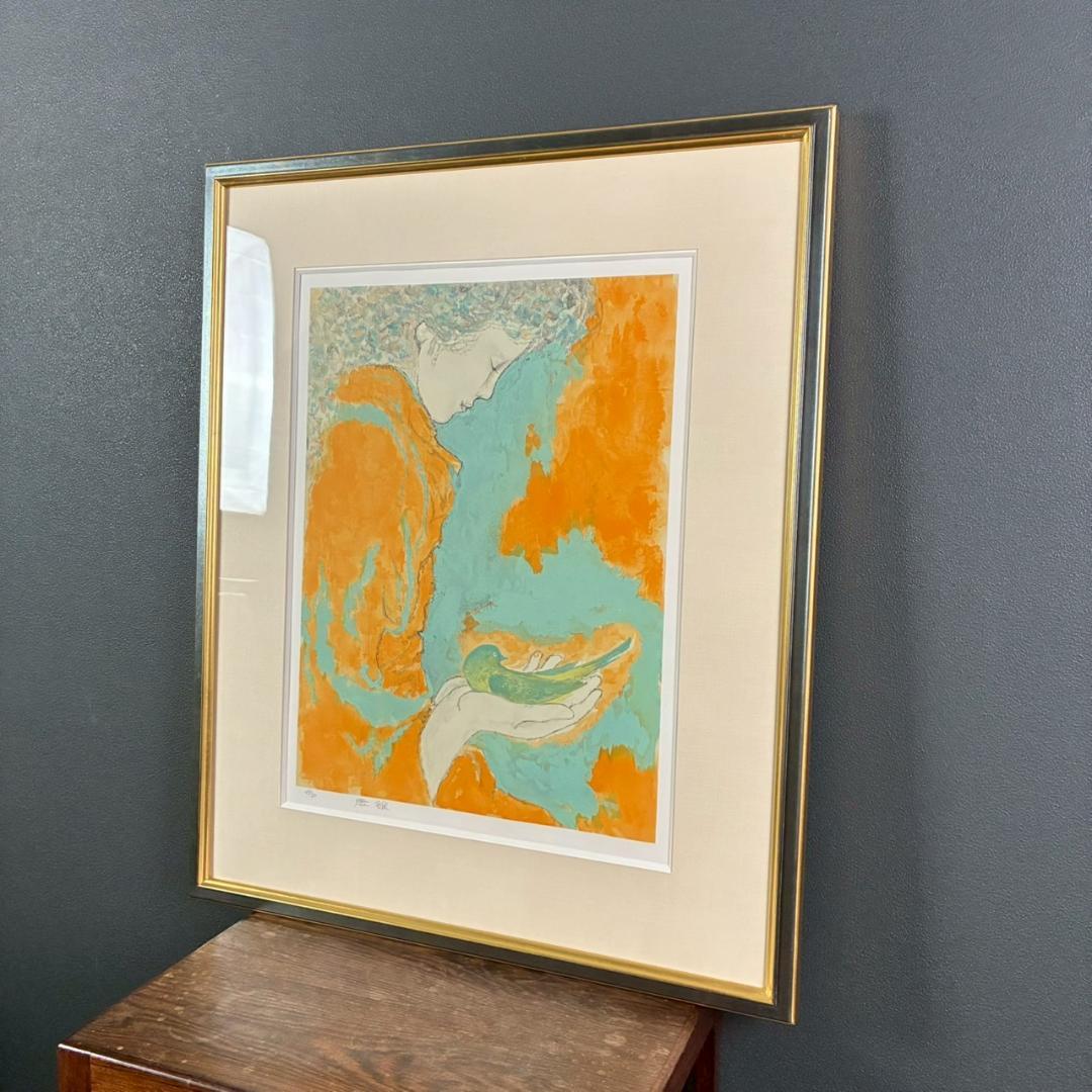 美品 高山辰雄「鳥と」リトグラフ 直筆サイン入 証明シール有 日本画家 文化勲章