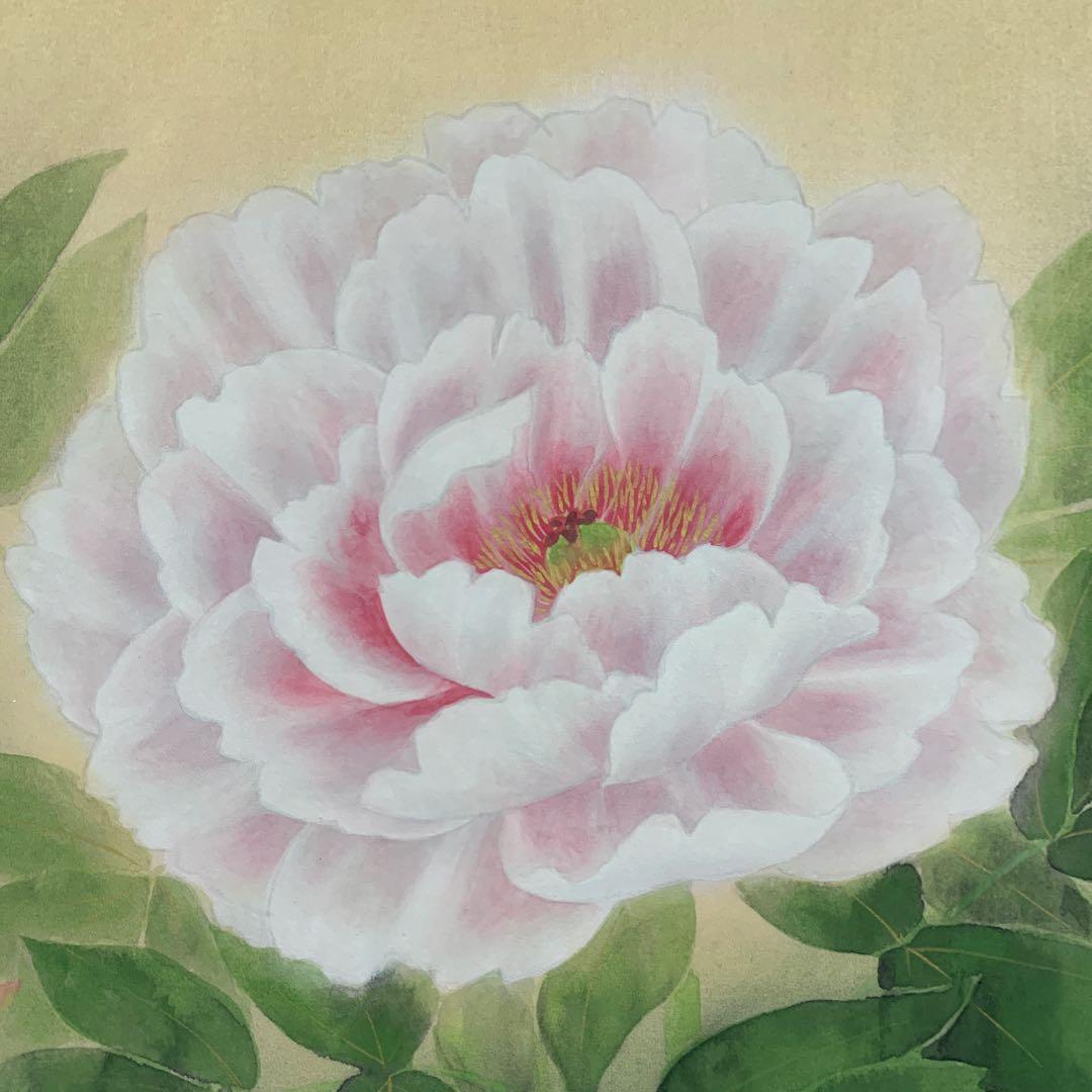 美品 掛け軸 水越由喜作 牡丹図 共箱 太巻き付き 四季花 二重箱