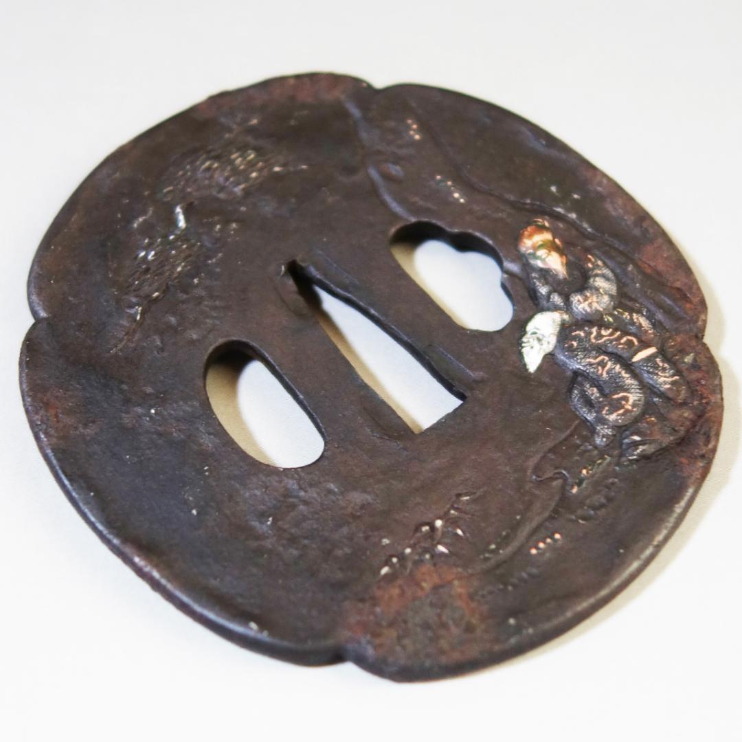 【賢人松下談義図鍔 銀銅象嵌】 鍔 鐔 鉄地 刀装具 日本刀 武具 江戸 骨董