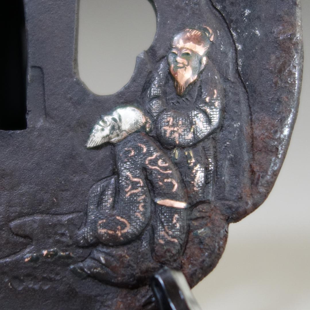 【賢人松下談義図鍔 銀銅象嵌】 鍔 鐔 鉄地 刀装具 日本刀 武具 江戸 骨董