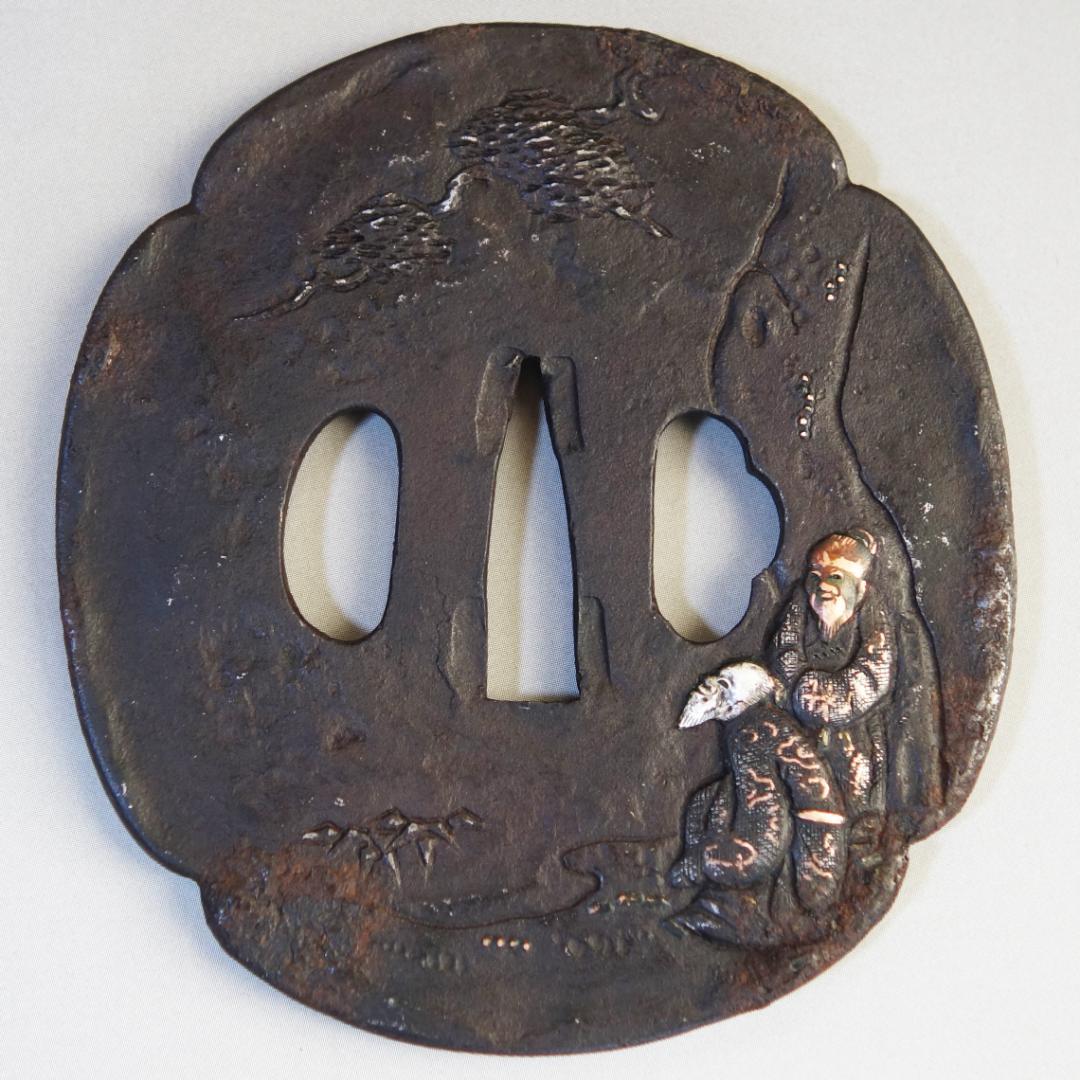 【賢人松下談義図鍔 銀銅象嵌】 鍔 鐔 鉄地 刀装具 日本刀 武具 江戸 骨董