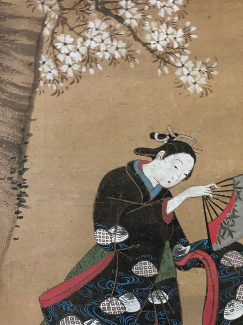 元禄　江戸前期　大津絵　若衆　桜　扇子　踊り 浮世絵　 美人画　時代裂　肉筆画