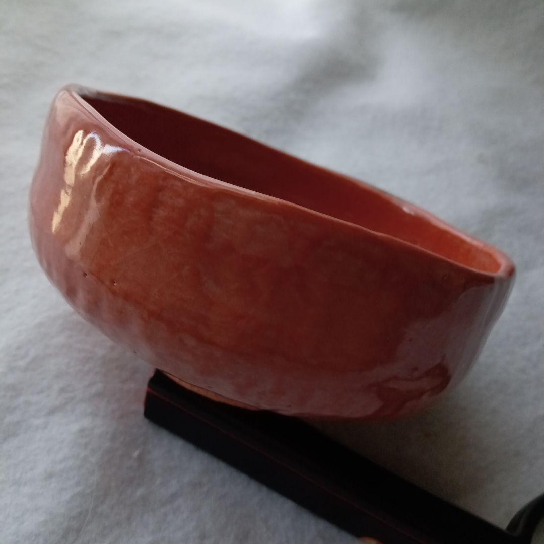 伊東桂楽　稲妻絵 赤楽平茶碗　桂窯　真田紐　茶道具