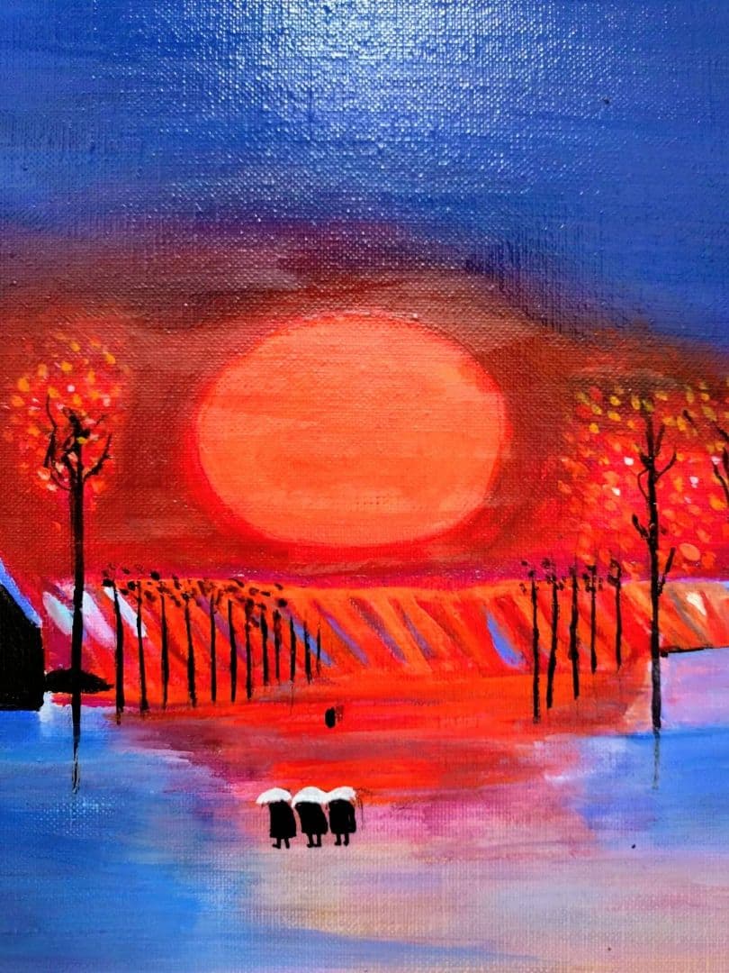 【F6号】斎藤真一【紅い陽の村】手描き作品/表裏サイン有/油彩/油絵/額縁/額装