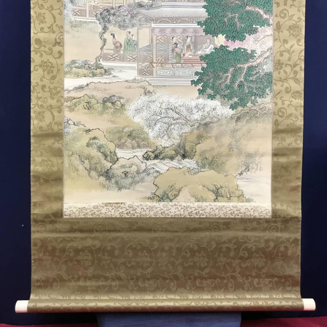 真作/鈴木百年/山水図/楼閣山水図/宮中図/掛軸☆宝船☆AH-693