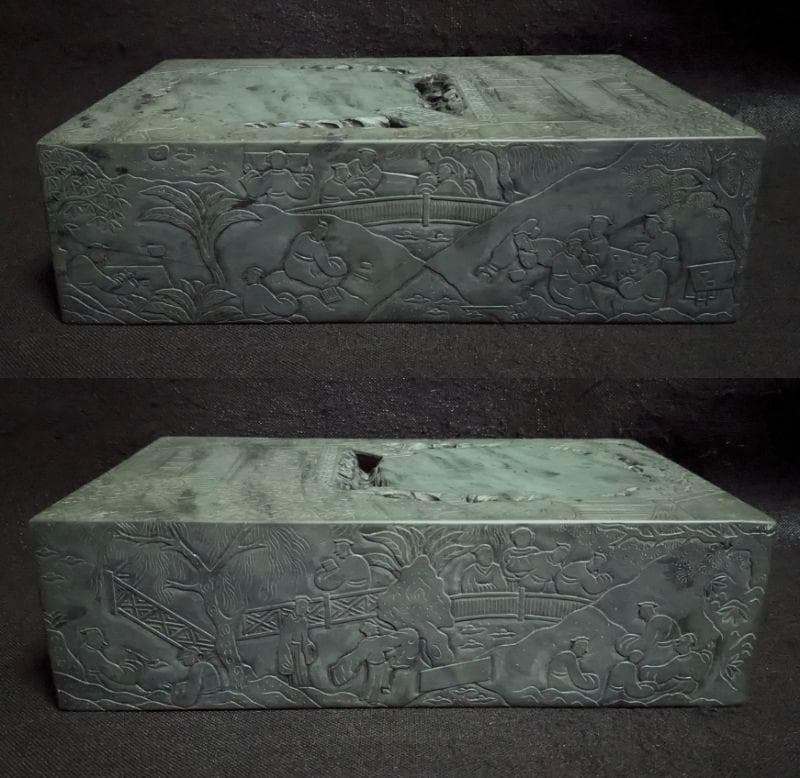 【蘭亭硯】◆五台山緑石の特大加厚硯◆群微点状波紋の潤緑美石◆唐木天地蓋◆王羲之