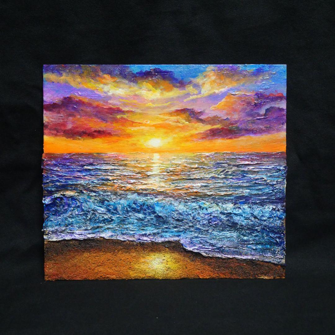 油絵 油彩 油彩画 絵 絵画 【水平線に沈む夕日】