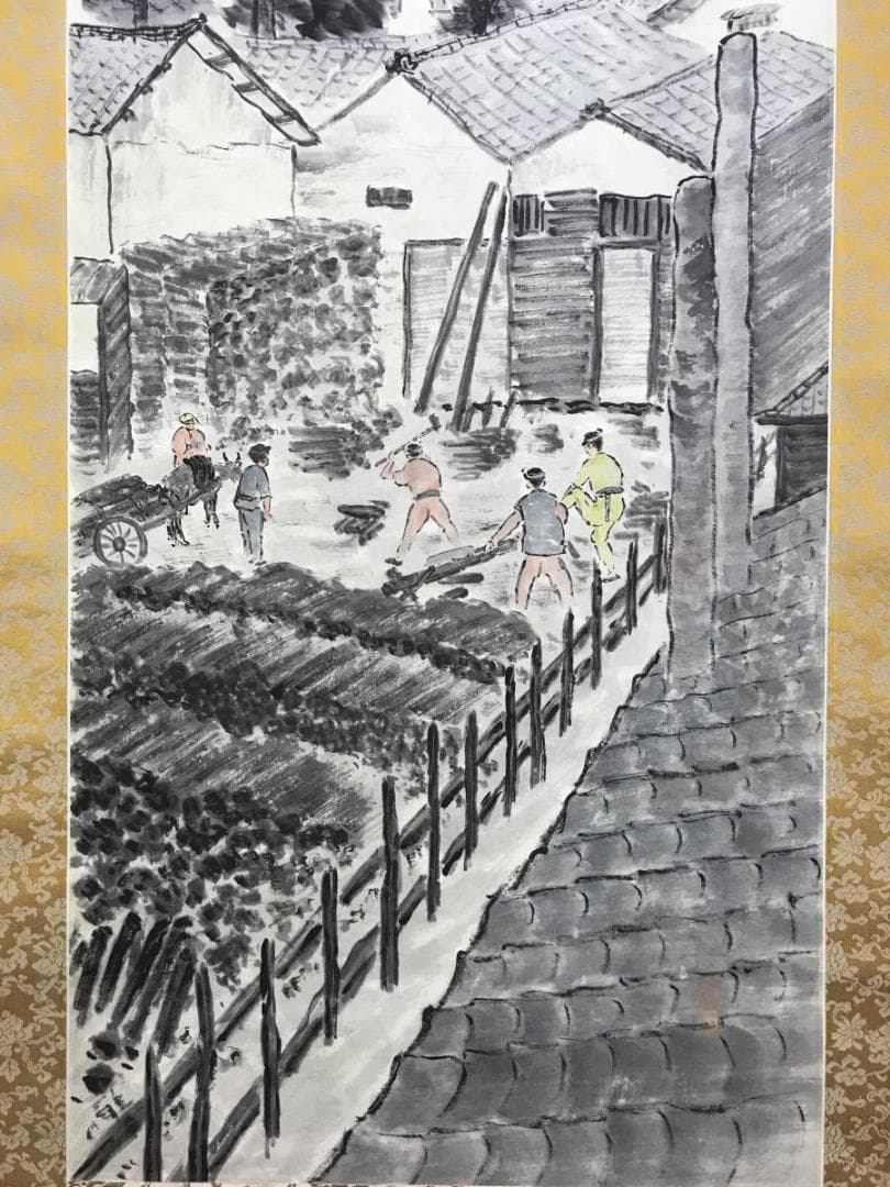 真作/門田佳堂/薪割り作業図/山水図/人物図/掛軸/名家伝来/AE-119