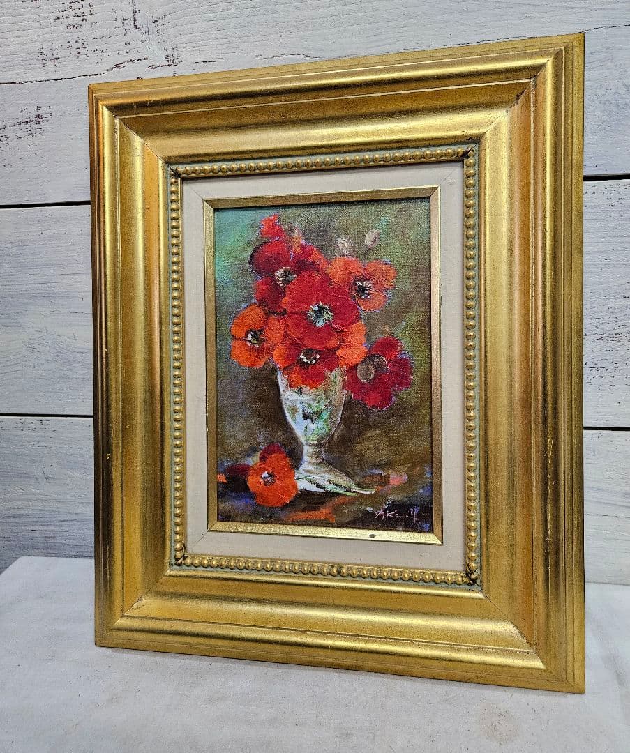 真作 山本亜稀 作 油彩「グラスの赤い花」油絵 絵画 額装 花