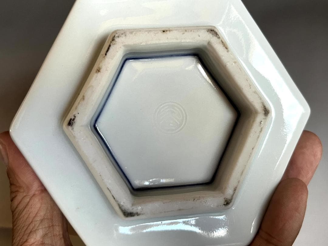 鉢■染付鴨図六角鉢 浮き草 水辺 青華 江戸後期 古美術 時代物 骨董品■