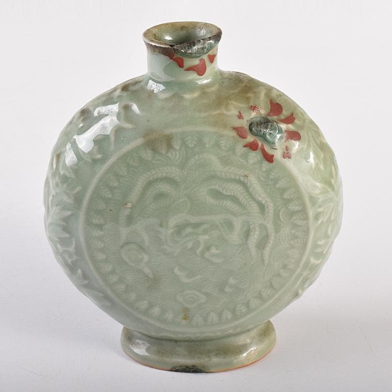 中国　龍泉窯　青磁　陽刻　龍鳳凰花文　扁壷　V　R7826