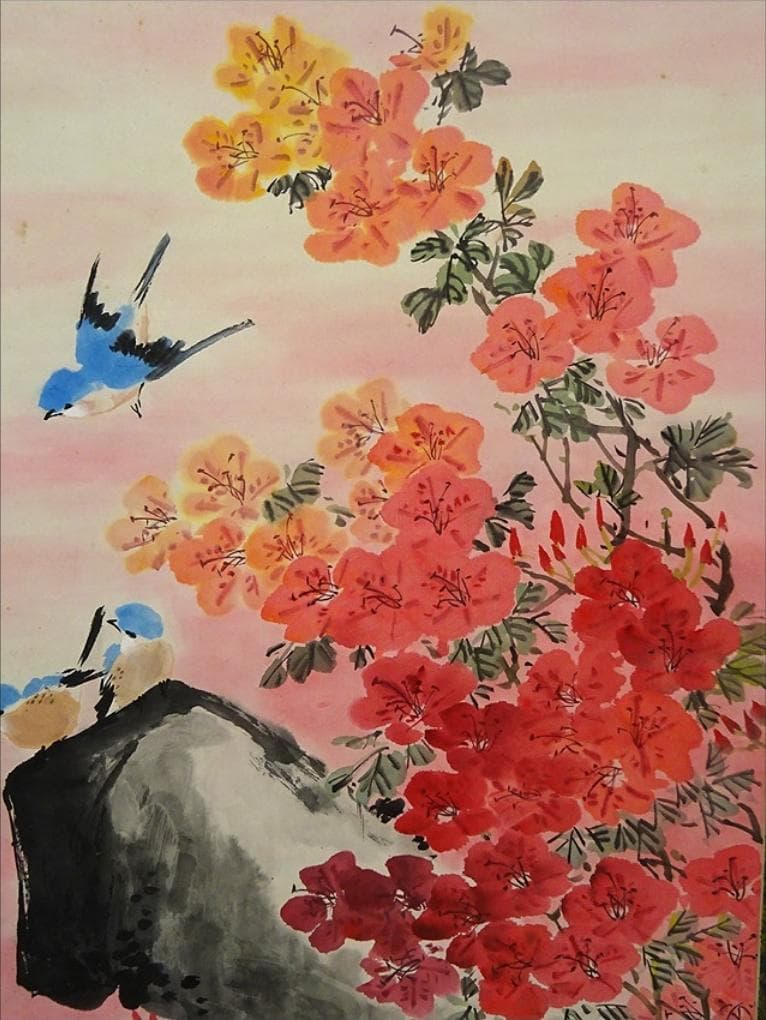 掛軸 胡健華『開遍群山 花鳥図』中国画 紙本 肉筆 掛け軸 p08299