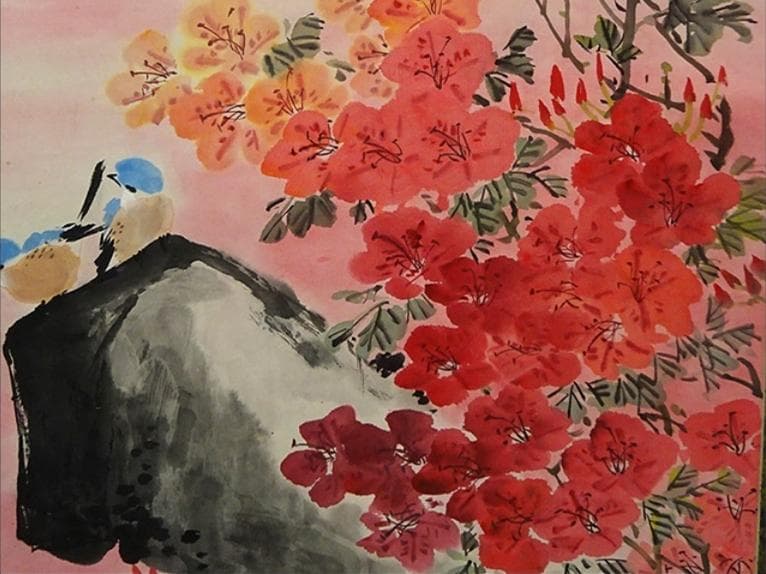 掛軸 胡健華『開遍群山 花鳥図』中国画 紙本 肉筆 掛け軸 p08299